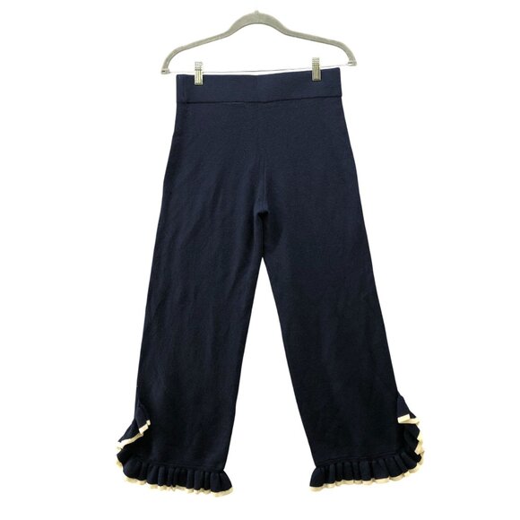 Club Monaco Knit Sweater Pants Womens S Navy Blue Ruffle Hem Merino Wool Cropped - Picture 1 of 9